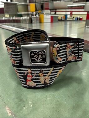 Pin Up Girls Seatbelt Belt By Buckle Down Black White Stripe Reg 24-38 Novelty